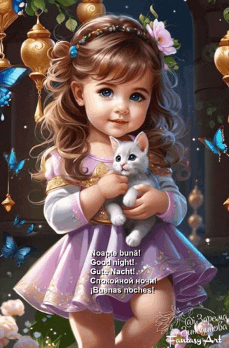 a little girl in a purple dress is holding a small white cat