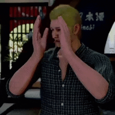 a man in a plaid shirt is clapping his hands in front of a sign that says imabi