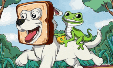 a cartoon dog with a slice of bread on its head