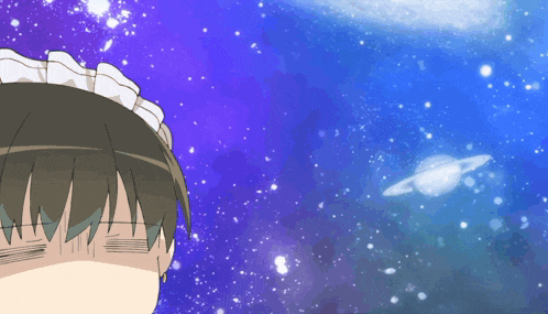 a person in a maid 's outfit looks at a planet in space