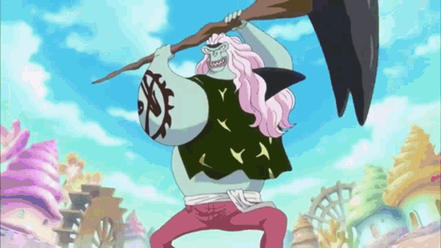 a cartoon character with pink hair is holding a spear