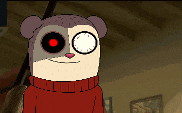 a cartoon of a bear with a red eye and a red sweater
