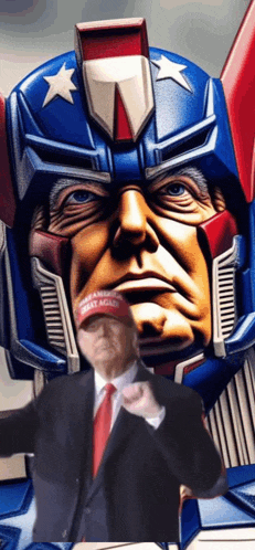 a man in a suit and tie wearing a maga hat stands in front of a robot