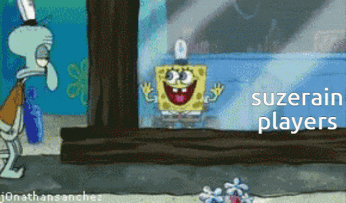 a cartoon of spongebob and squidward looking out a window with the words suzerain players below them