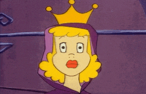 a cartoon princess wearing a purple hood and a yellow crown