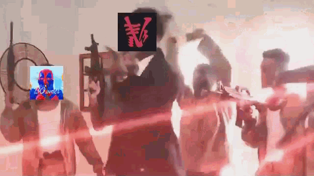 a man in a suit is standing in front of a group of people holding guns in a room .