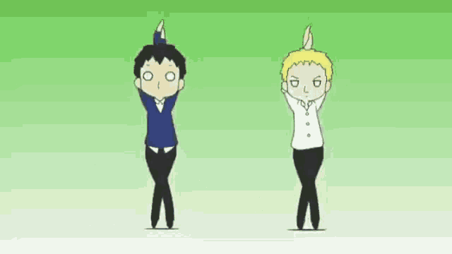 two cartoon characters are flying through the air with their hands on their heads .