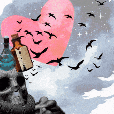 a pink heart with birds flying around it and a skull with a bottle in front of it