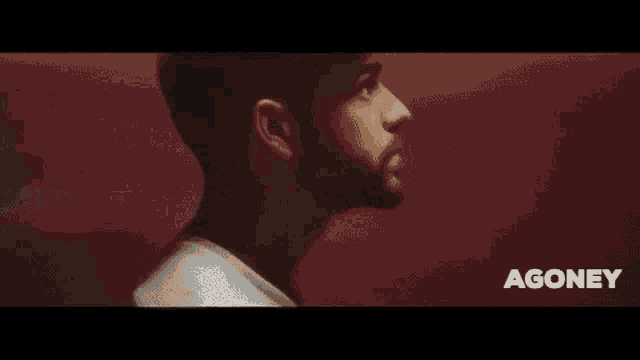 a close up of a man 's face with the word agoney on the bottom right