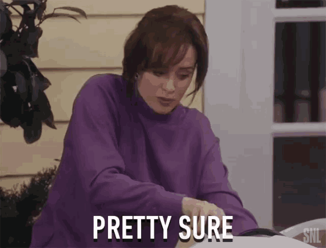 a woman wearing a purple sweater says " pretty sure "