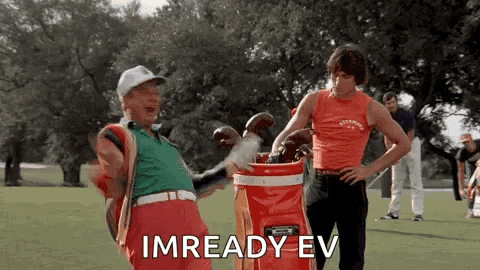 two men are standing next to each other on a golf course holding golf clubs and a golf bag .