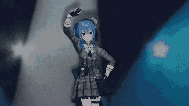 a blue haired anime girl in a plaid dress is dancing