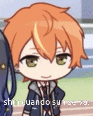 a chibi boy with orange hair and green eyes is standing next to a girl and says shin cuando sun se va .
