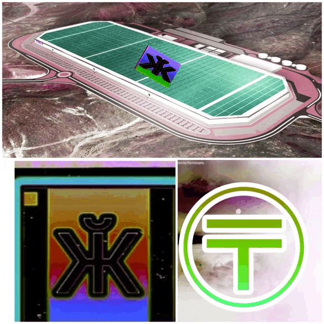 an aerial view of a stadium with a chinese symbol in the lower right corner
