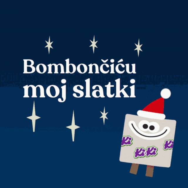 a cartoon character with a santa hat and a sign that says bombonicicu moj slatki