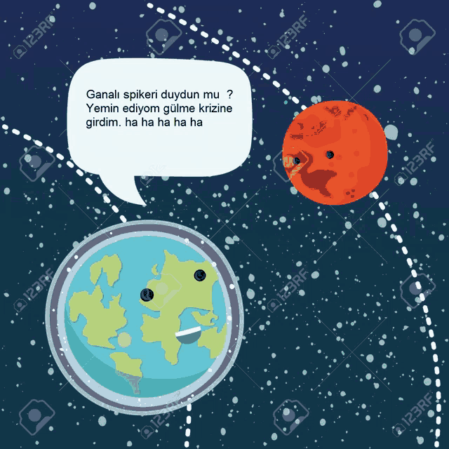 a cartoon illustration of the earth and mars with a speech bubble that says ganali spikeri duydun mu ?