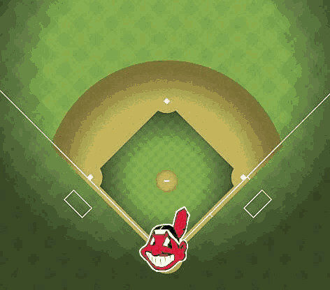 an aerial view of a baseball field with the cleveland indians logo on the outfield wall .