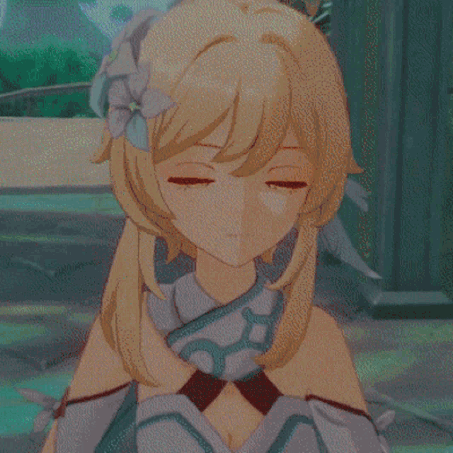 a girl with blonde hair and a flower in her hair is looking at the camera
