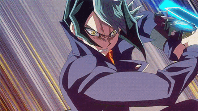 a man with green hair is holding a blue sword