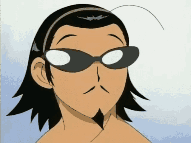 a cartoon character wearing sunglasses and a headband looks at the camera