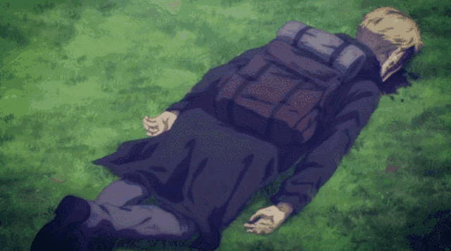 a person with a backpack is laying on the grass