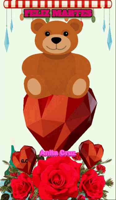 a teddy bear sits on top of a red heart with the words feliz martes written above it
