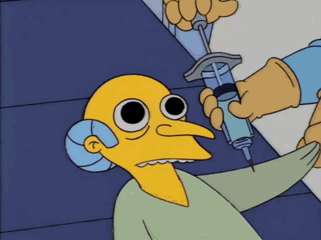 a yellow cartoon character is getting an injection