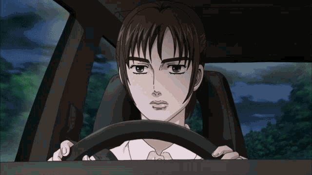 a cartoon of a man driving a car with trees in the background