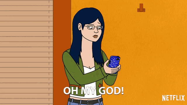 a cartoon of a woman holding a cell phone with the words oh my god below her