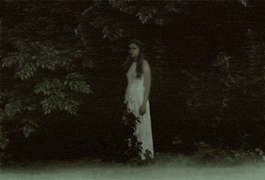 a woman in a white dress is standing in front of a forest .