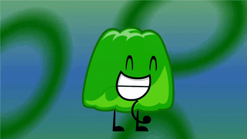 a green cartoon character with arms and legs is smiling with a blue background