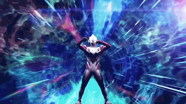 a man in a superhero costume is standing in a tunnel of light
