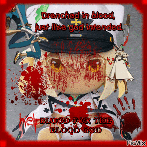 a picture of a stuffed animal with blood on it and the words " drrenched in blood just like god intended blood for the blood god "