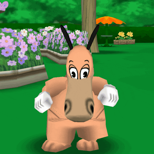 a cartoon character standing in a garden with flowers