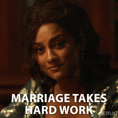 a woman is smiling with the words " marriage takes hard work " behind her
