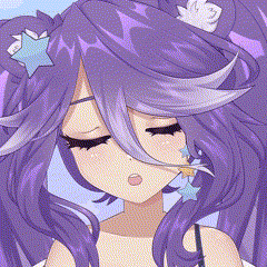 a cartoon girl with purple hair has a star in her hair