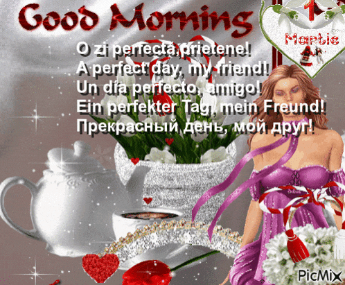 a woman in a purple dress stands in front of a potted plant and a cup of coffee