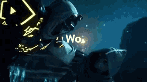 a video game character is standing in the dark with a glowing shield on his back and the word wo written on it .
