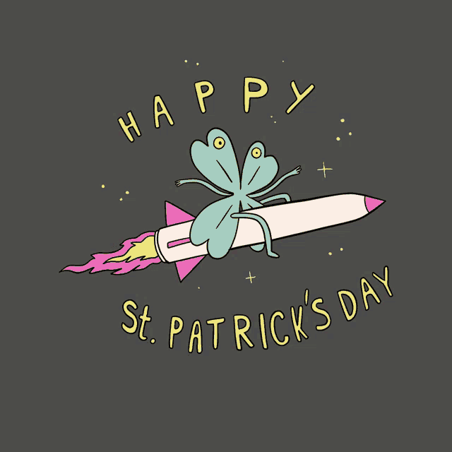 a happy st. patrick 's day greeting card with a frog flying on a rocket