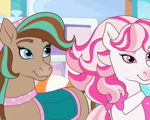 a cartoon of two ponies with pink and brown hair
