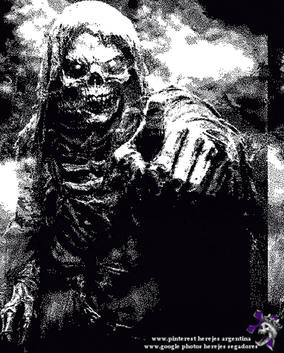 a black and white image of a grim reaper with the website www.pinterest.herejes argentina