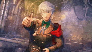 a man in a red cape is holding a pair of scissors in his hand .