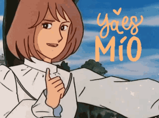 a cartoon of a girl giving a thumbs up with the words yaes mio written above her