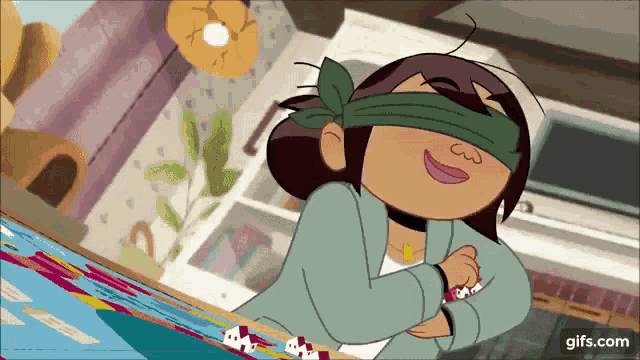 a blindfolded cartoon character is smiling and looking at something