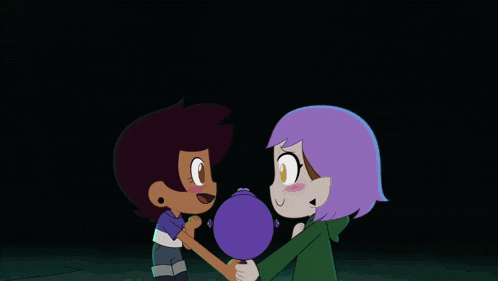 a group of cartoon ducks are standing around a girl holding a purple object