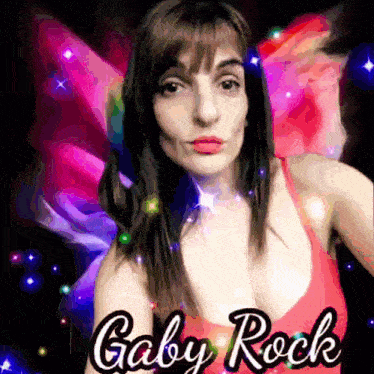 a woman in a red tank top with the name gaby rock on it