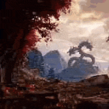 a painting of a landscape with a dragon flying in the sky