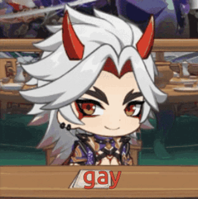 a cartoon character with horns is sitting at a table with the word gay written on it