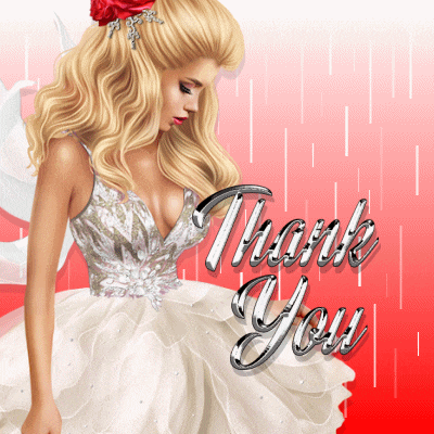a woman in a white dress is standing in front of a red background that says thank you