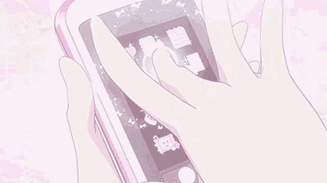 a person is holding a pink cell phone with icons on the screen ..
